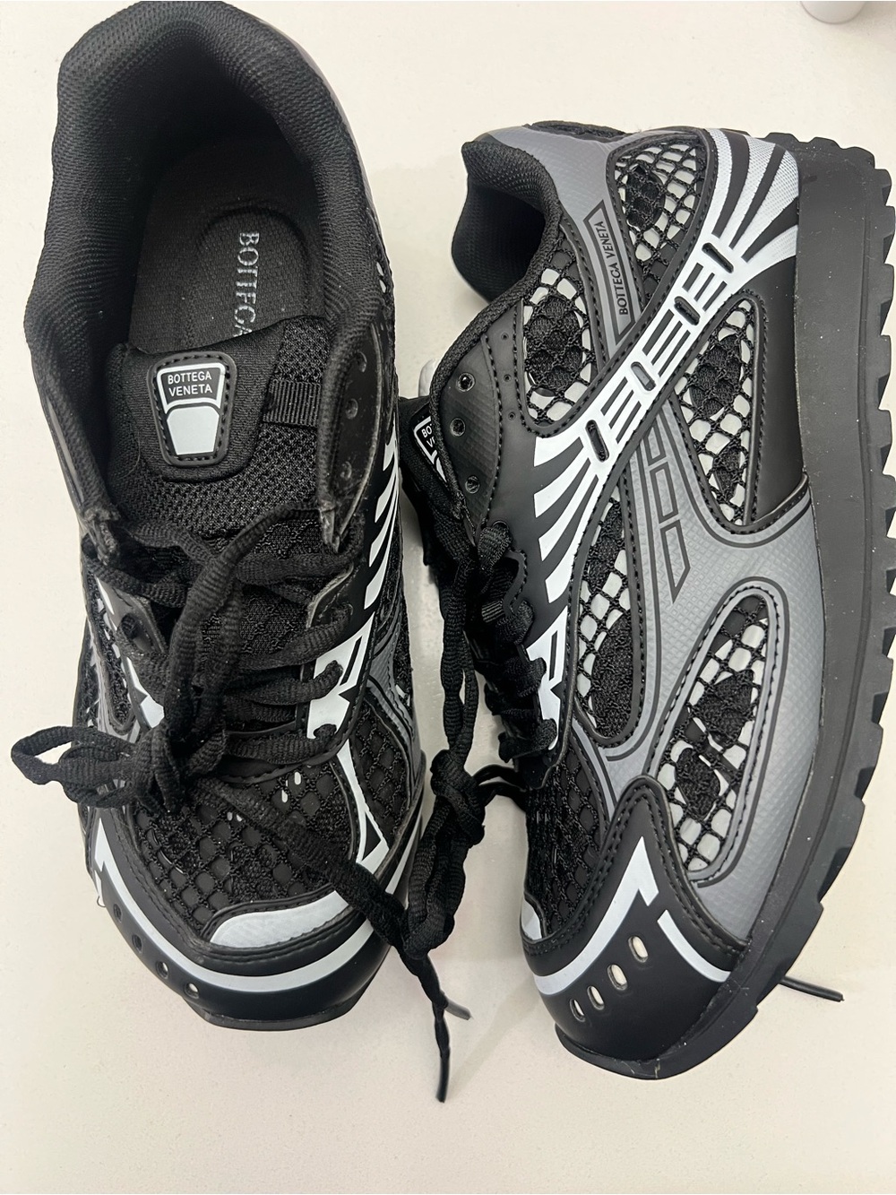 Bottega Veneta Men’s Black and Gray Mesh Lace-Up Sneakers